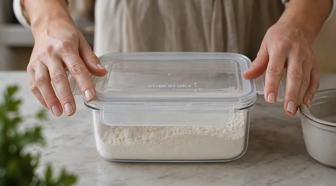 Hands snapping shut the four latches on a CHEFSTORY airtight container lid over a counter with flour visible inside