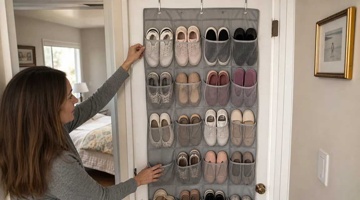 Amazon Basics 24-pocket over-door shoe organizer installed on the back of a closet door showing colorful sneakers and flats organized in mesh pockets