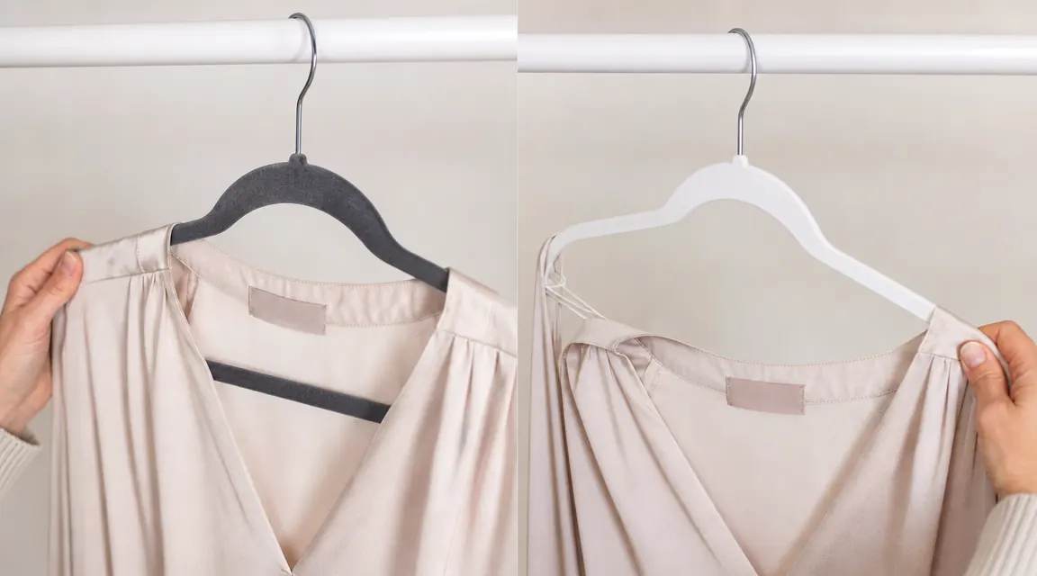 Close-up of a velvet hanger gripping a silk blouse shoulder without sliding, next to a smooth plastic hanger where the blouse has slipped