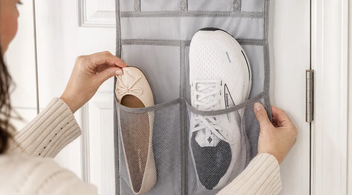 Side-by-side of a women's size 8 flat sitting fully inside a mesh pocket versus a men's size 11 sneaker hanging halfway out of the same pocket