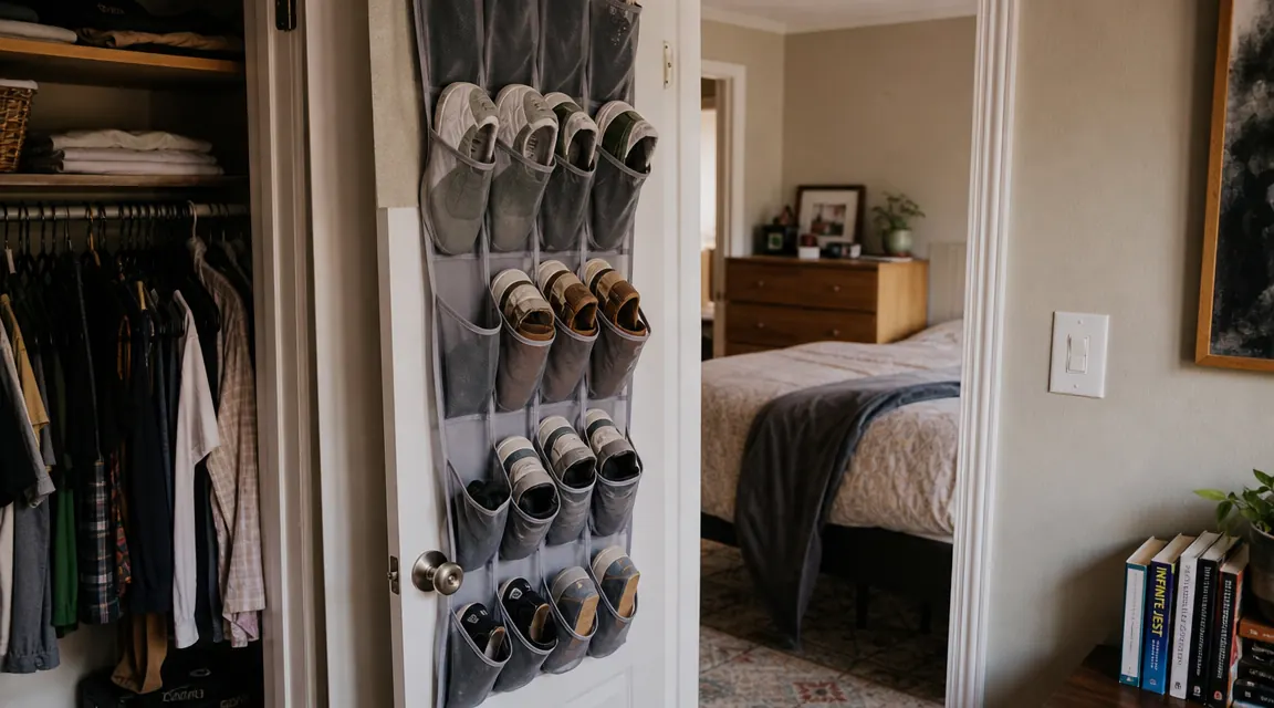 Apartment closet door with an over-door shoe organizer, clearly inside a bedroom closet rather than a front door, showing alternative placement that avoids exterior door problems
