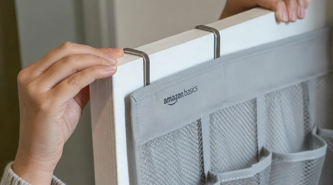 Close-up of the Amazon Basics shoe organizer's metal over-door hooks resting on a hollow-core interior door frame