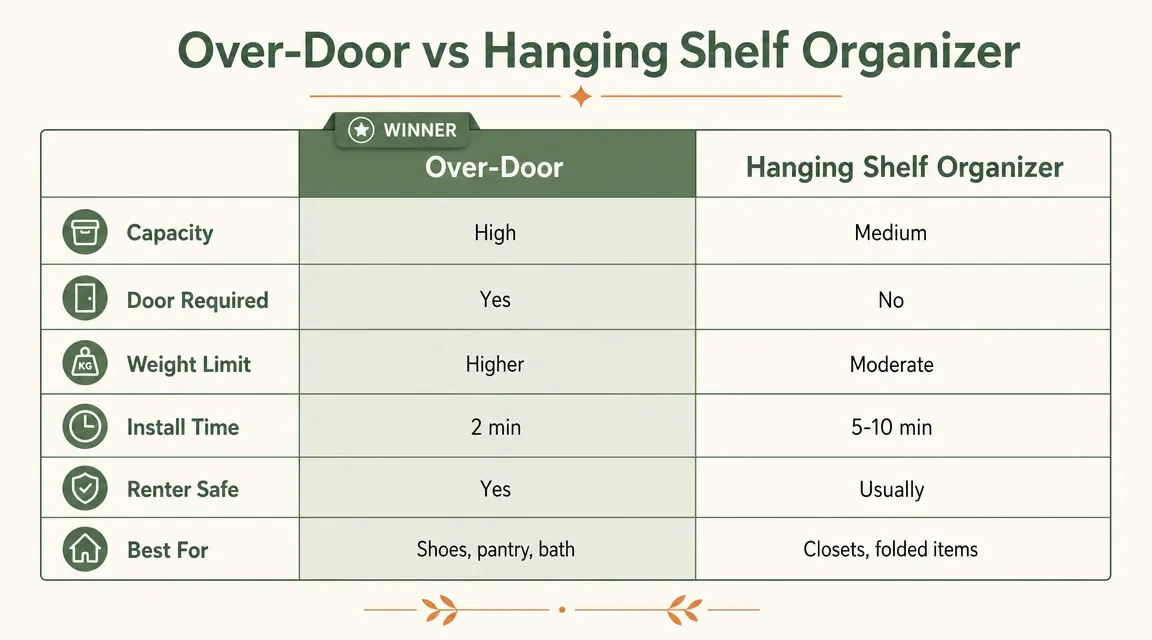 Side-by-side comparison chart of over-door shoe organizer versus hanging shelf organizer across six categories