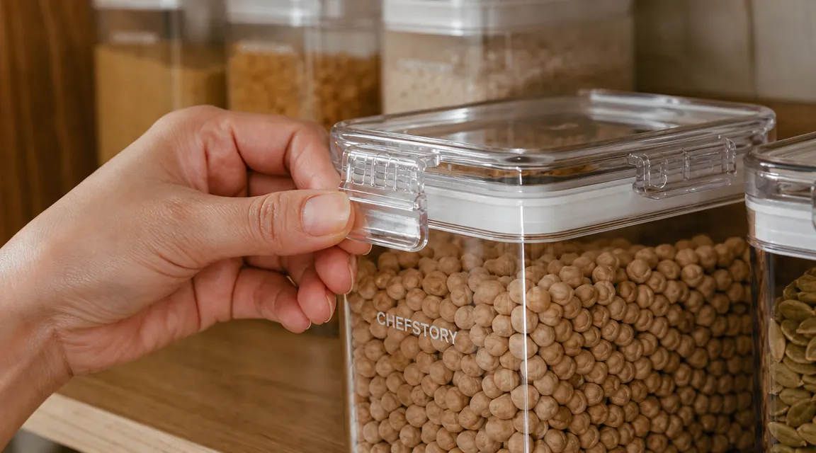 Hand unlocking one of the four side clips on a CHEFSTORY container while holding it over a pantry shelf