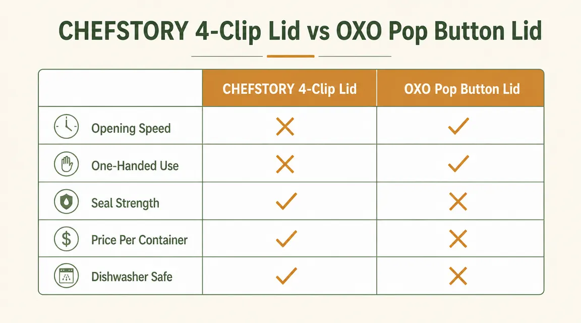 Chart comparing CHEFSTORY four-clip lid versus OXO Pop single-button lid on factors including opening speed, one-handed use, seal strength, and price