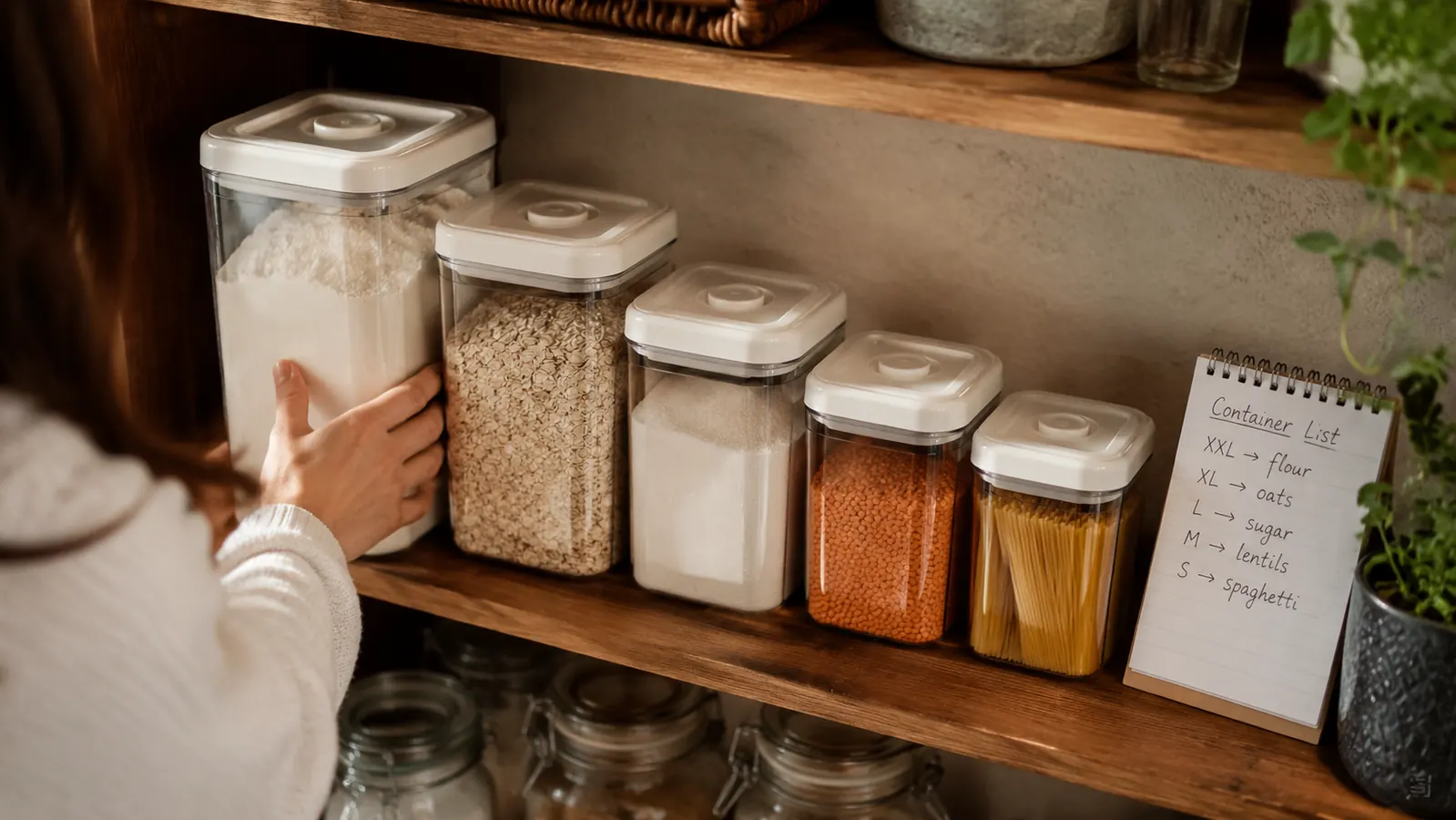 Five CHEFSTORY containers of different sizes arranged on a pantry shelf next to a hand-written list showing which staples fit in each size