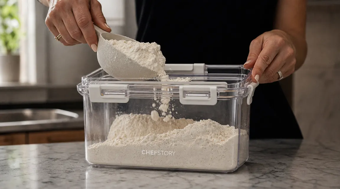 Close-up of CHEFSTORY airtight container being filled with flour, latches visible on the side
