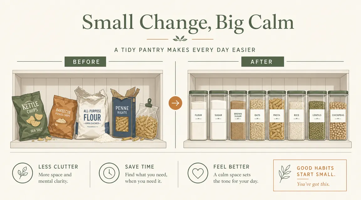 Before and after pantry shelf: left side shows crumpled bags and open boxes, right side shows neat row of clear containers with labels