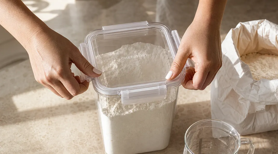 Hands pressing down the four locking clips on a CHEFSTORY container lid over a countertop filled with pantry staples