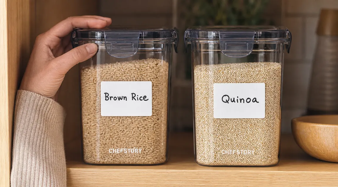CHEFSTORY container with a white label reading 'Brown Rice' next to a matching container labeled 'Quinoa' on a pantry shelf