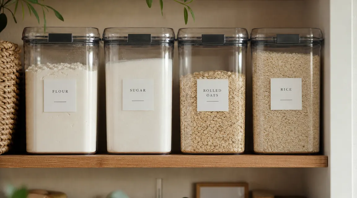 Organized pantry shelf with labeled clear containers holding flour, sugar, oats, and rice