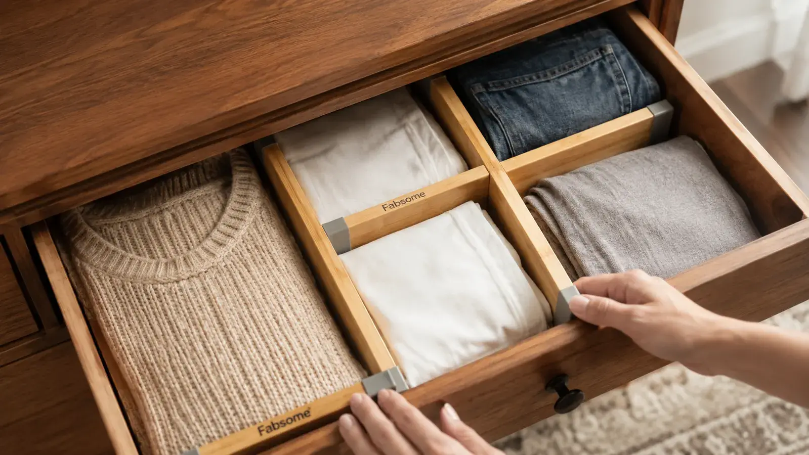 Bamboo drawer divider installed across a wide drawer creating three sections of unequal width, folded clothes visible in each section