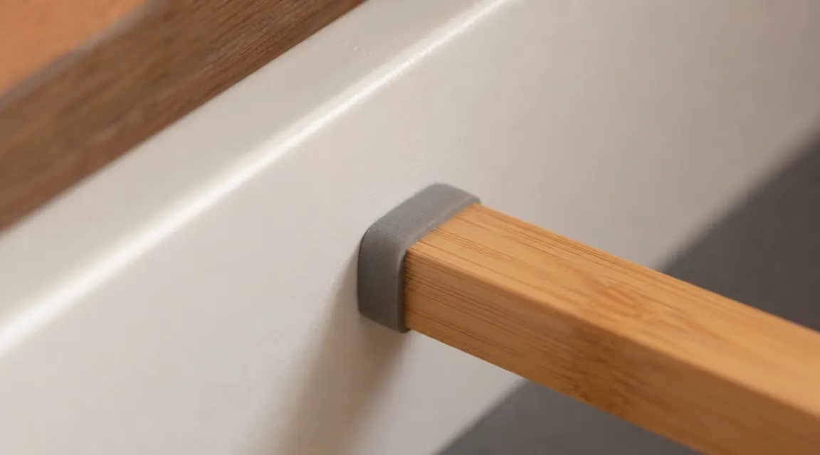 Close-up of a bamboo divider foam end cap pressed against a white painted drawer interior, showing the contact point without scratching