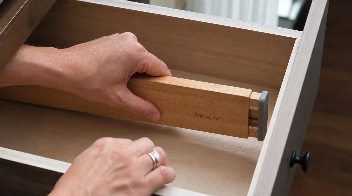 Hand pressing a bamboo drawer divider into place against the side of a wooden dresser drawer