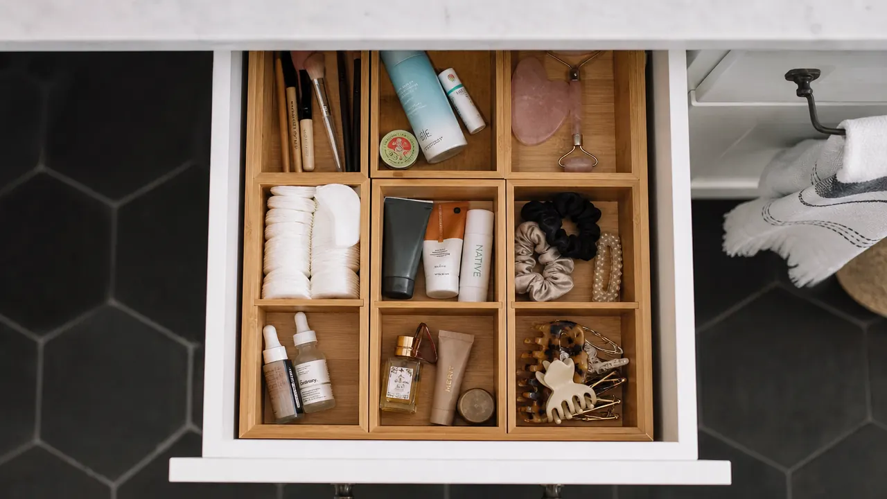 Bathroom vanity drawer organized with bamboo dividers holding cotton rounds, lip balm, and hair ties in separate sections