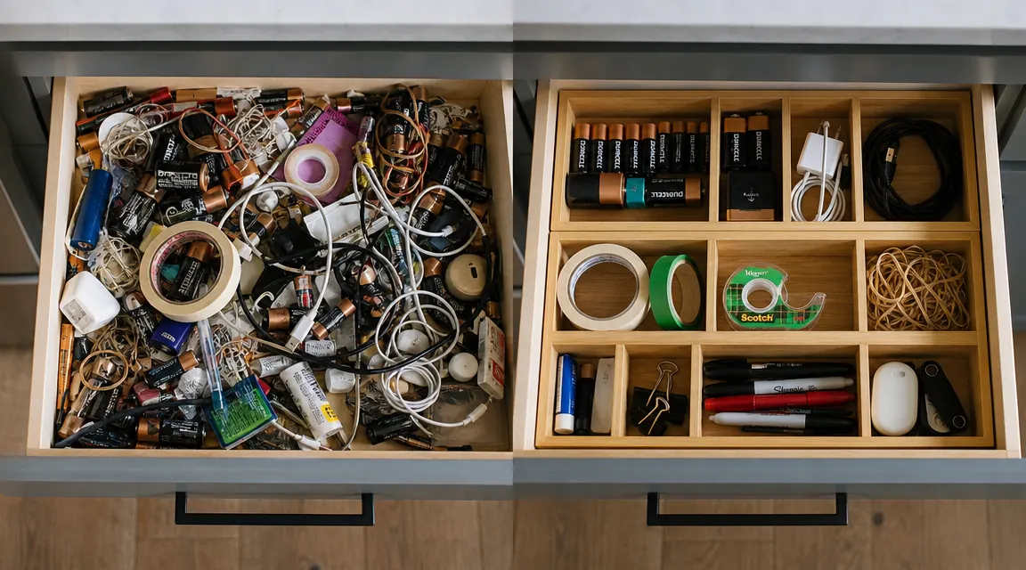 Side-by-side view of a cluttered junk drawer before and an organized version with bamboo dividers after