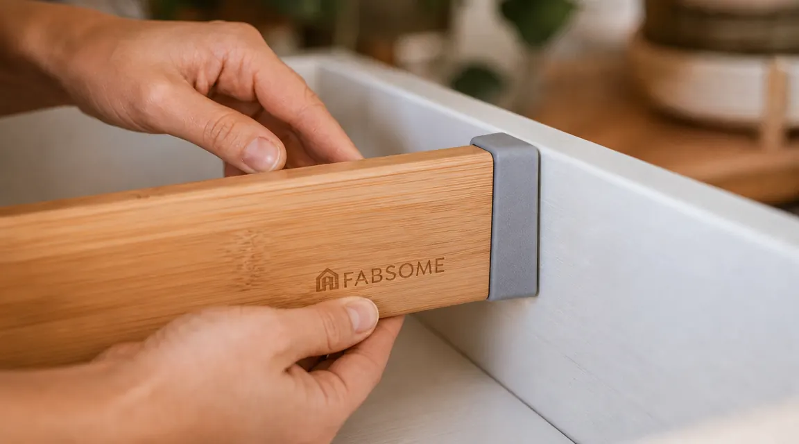 Close-up of bamboo drawer divider foam end pressed firmly against a painted wood drawer side
