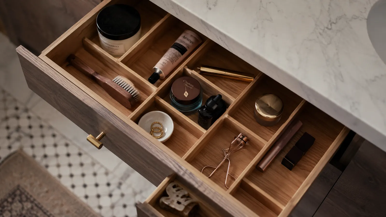 Bathroom vanity drawer organized with bamboo dividers holding makeup, hair ties, and small accessories