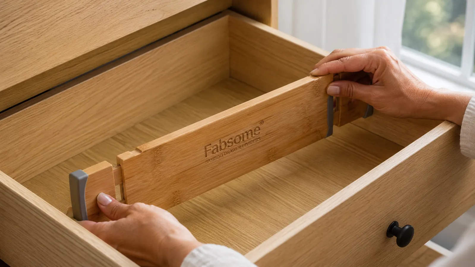 Hand placing a spring-loaded bamboo drawer divider against the interior wall of a wood dresser drawer