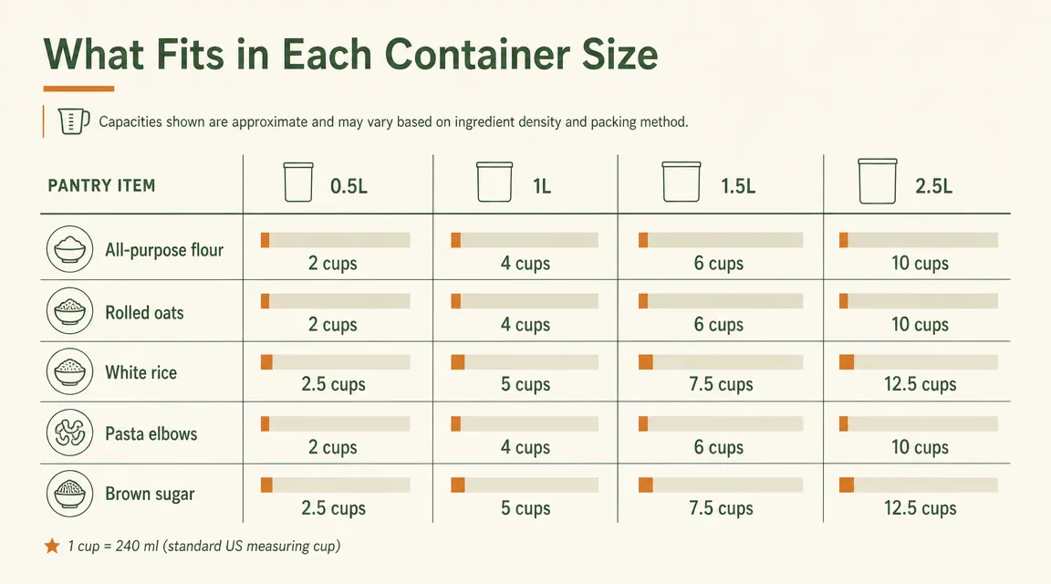 Chart showing dry goods volume in cups alongside container sizes, matching each staple to the correct container capacity