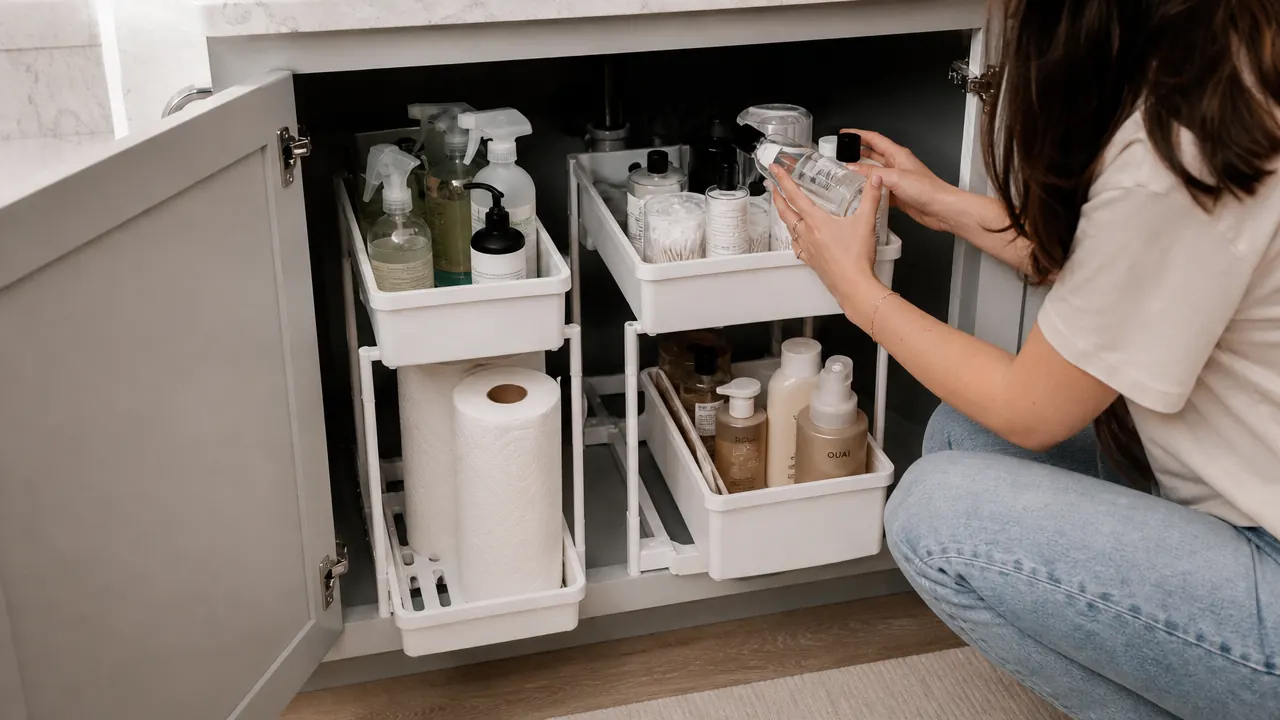 Under-sink cabinet organized by category: left tier holds cleaning supplies, right tier holds daily-use toiletries