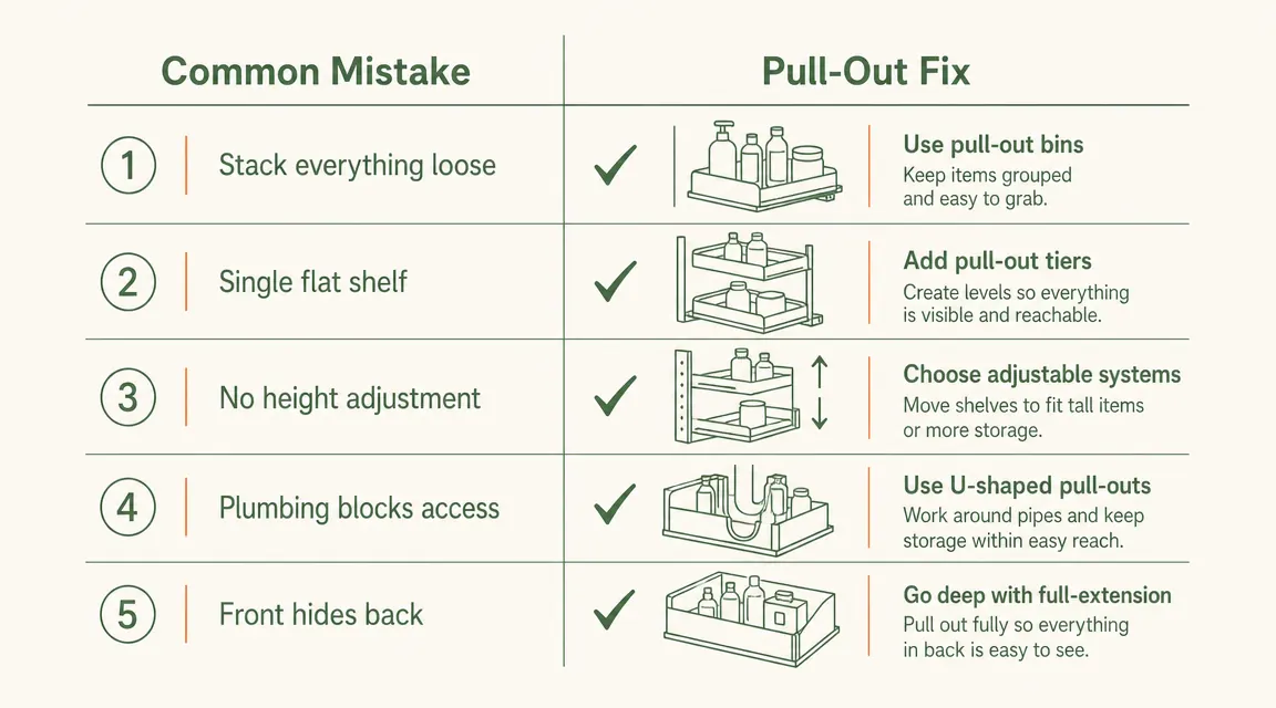 Chart showing five common under-sink organizational mistakes and their pull-out organizer solutions