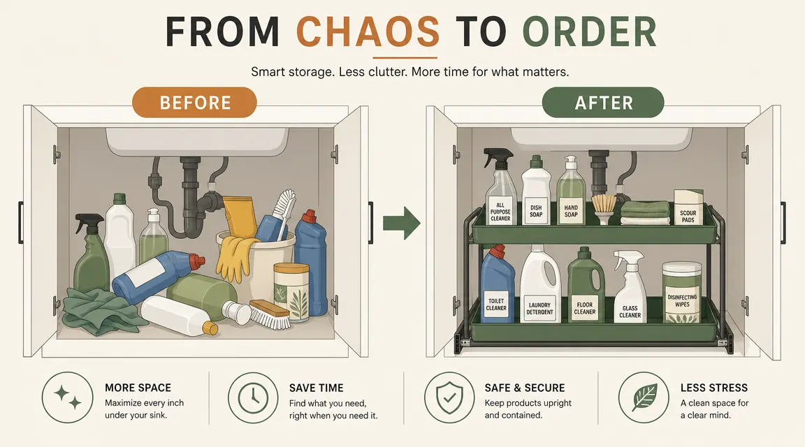 Before and after side-by-side of a bathroom cabinet, left side showing chaos with bottles tipped over, right side showing pull-out organizer in use