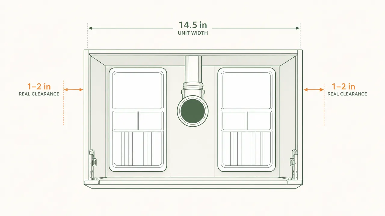 Overhead diagram comparing the listed 14.5-inch unit width to the actual clearance needed when a center P-trap pipe divides the cabinet, with dimension arrows showing the real usable gap on each side