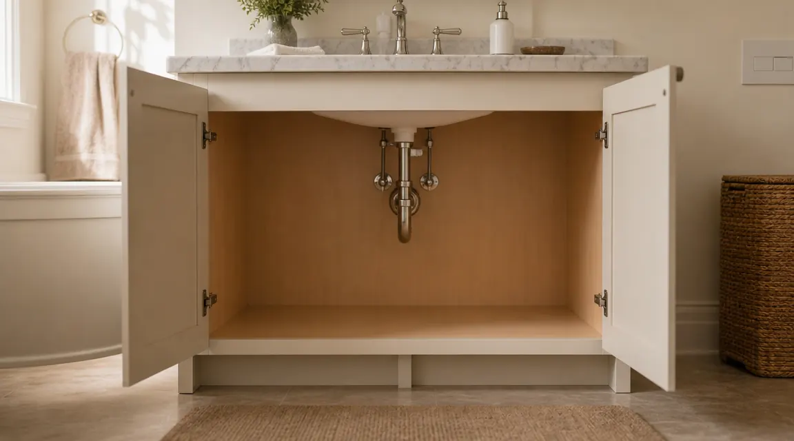 Clean bathroom vanity cabinet interior after removing the PXRACK organizer, showing no marks or indentations on the cabinet floor from the rubber tension feet
