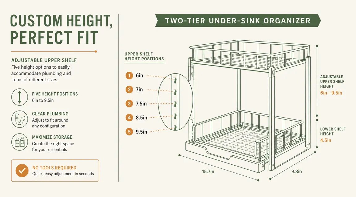 Diagram showing the five height adjustment positions on the PXRACK organizer upper tier, with measurements labeled in inches from 6 to 9.5 inches
