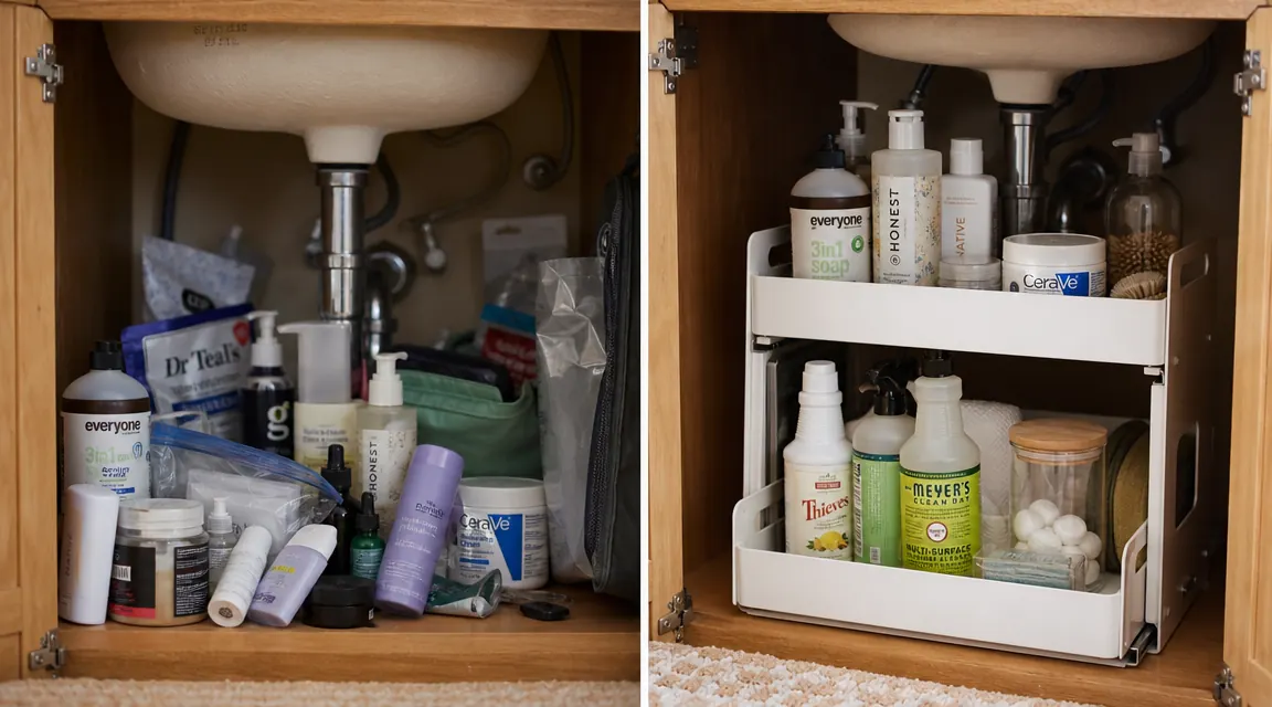 Before and after comparison of under-sink cabinet space, left side shows cluttered bottles and bags on bare cabinet floor, right side shows same space with white two-tier pull-out organizer holding everything organized