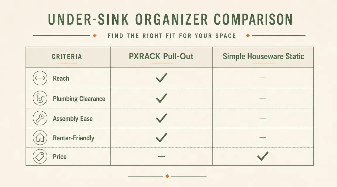 Comparison chart showing PXRACK pull-out organizer versus Simple Houseware static shelf across five dimensions: reach, plumbing clearance, assembly, price, and renter-friendliness