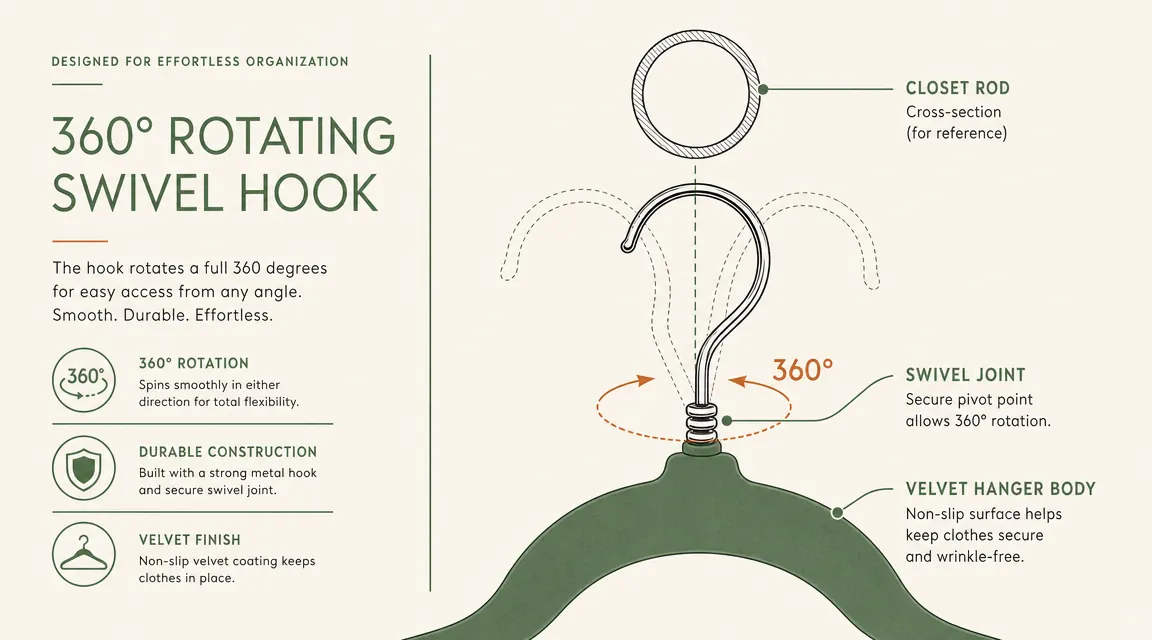 Diagram showing a rotating hook on a velvet hanger with arrows indicating 360-degree swivel and a clothing rod cross-section