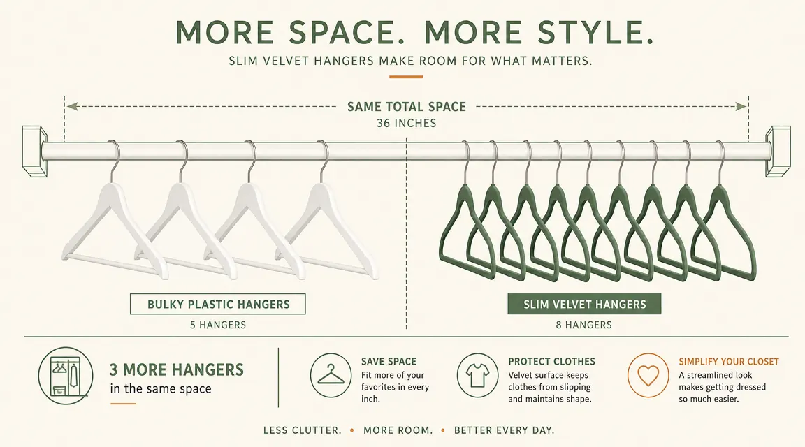 Side-by-side comparison of bulky white plastic hangers versus slim velvet hangers on the same rod, showing space difference