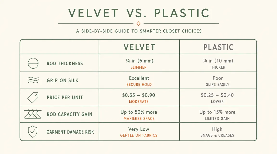 Comparison chart showing velvet vs plastic hangers across five categories: thickness, grip, price per unit, garment damage, and rod capacity